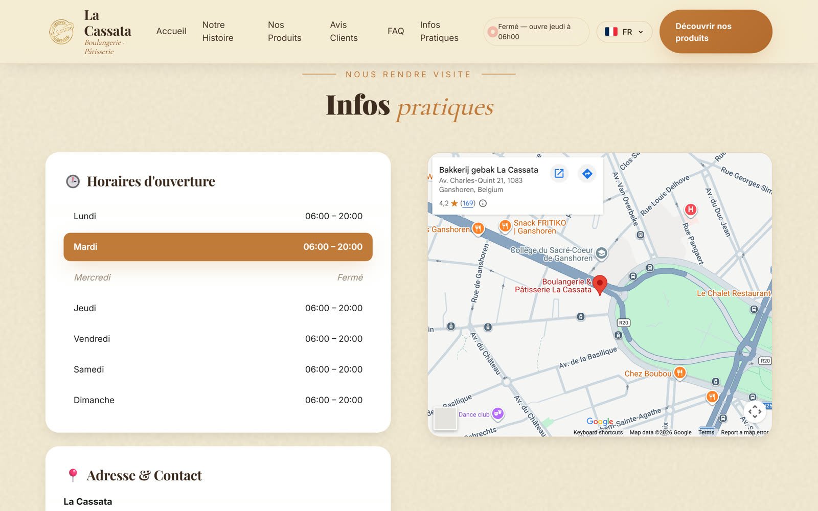 Section contact et localisation du site lacassata.be réalisé par Digispire